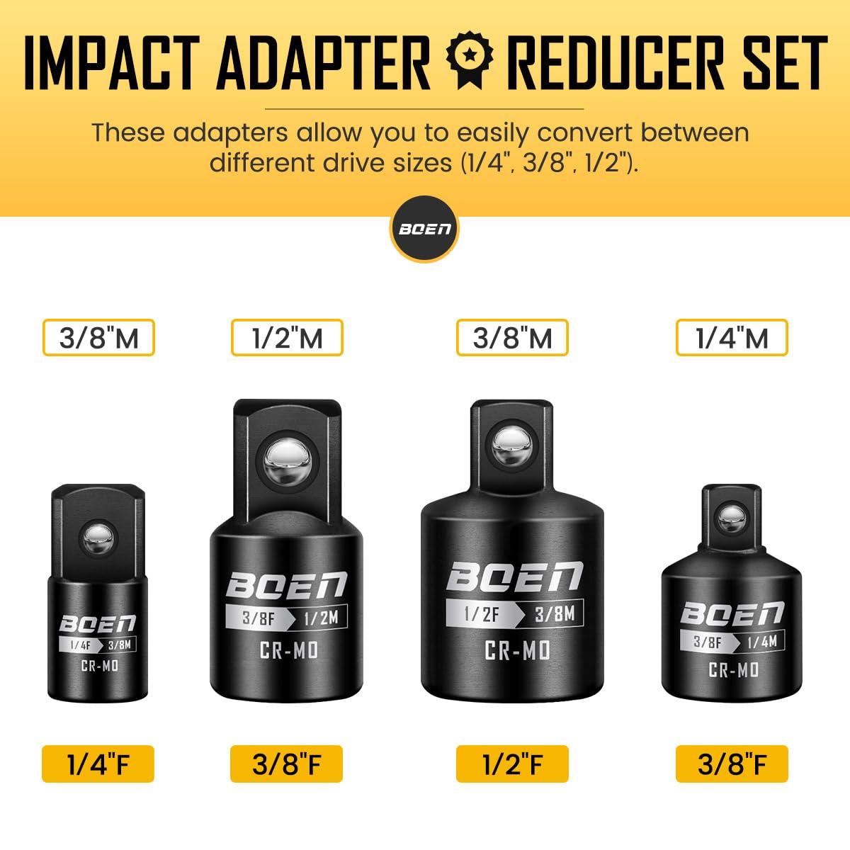 Boen quarter-inch to three-eighths adapter for tight spaces and quick changes.