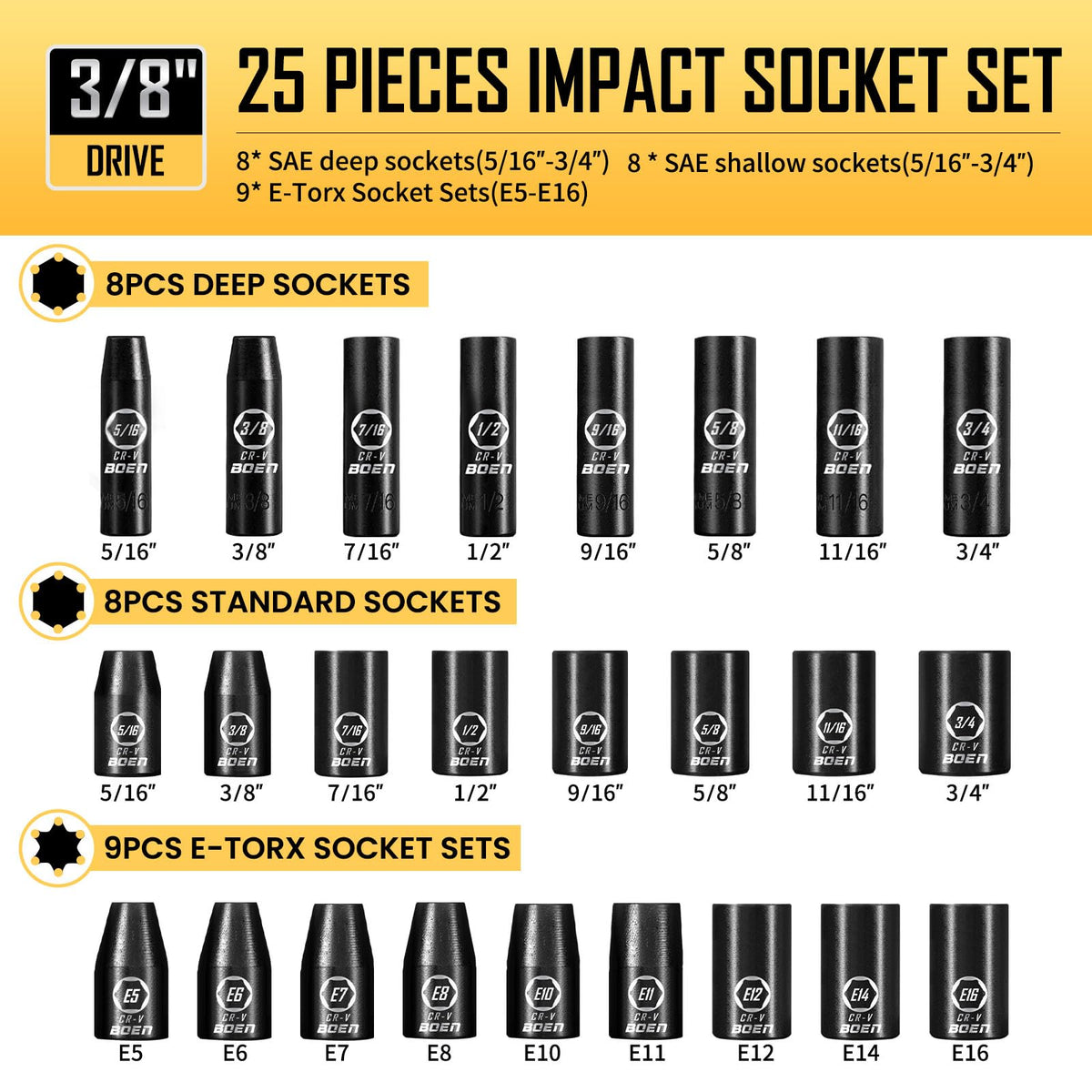 Boen SAE deep and shallow sockets 5/16-3/4 inch for varied fasteners