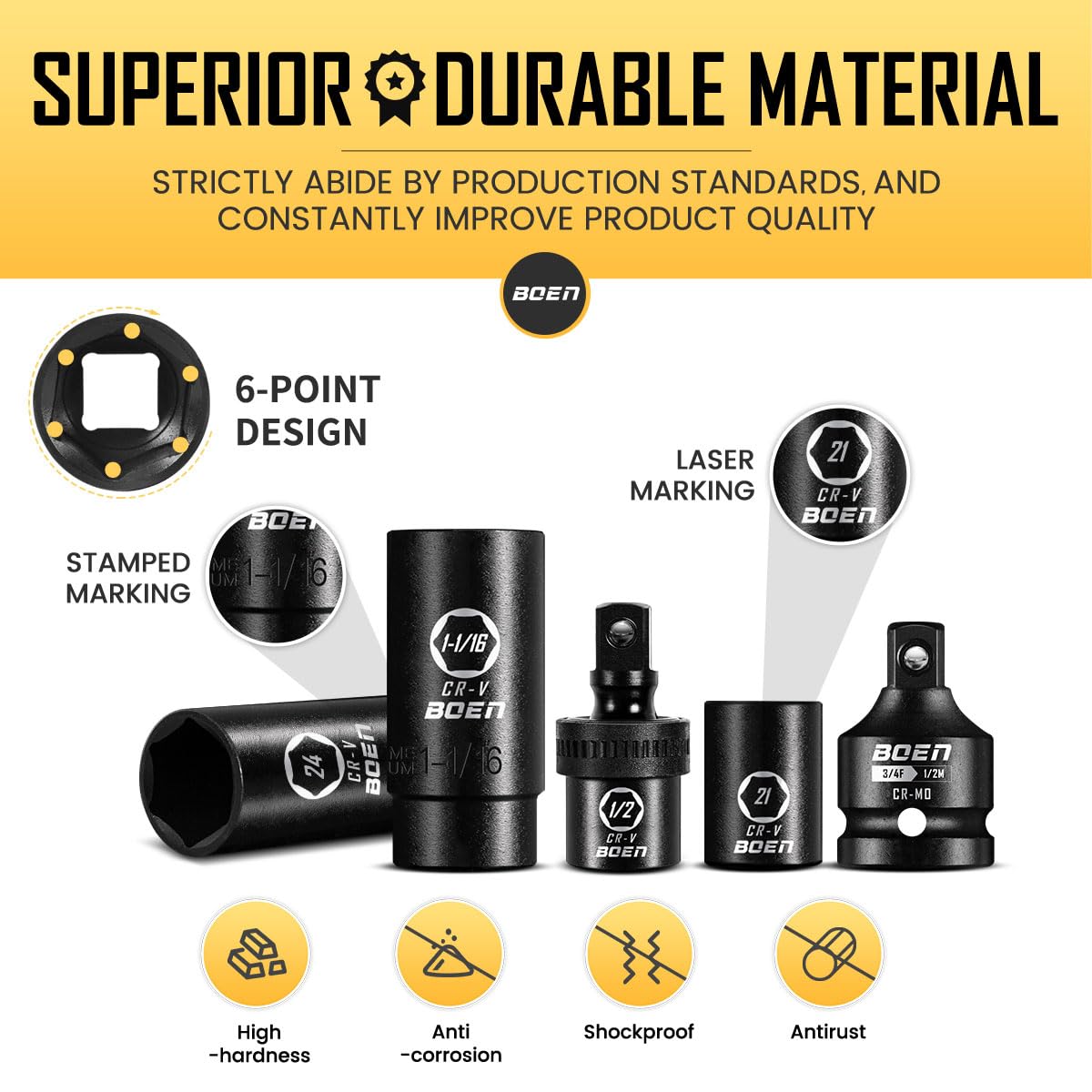 Boen SAE deep-well sockets 3/8-1-1/4 inches for versatile automotive work
