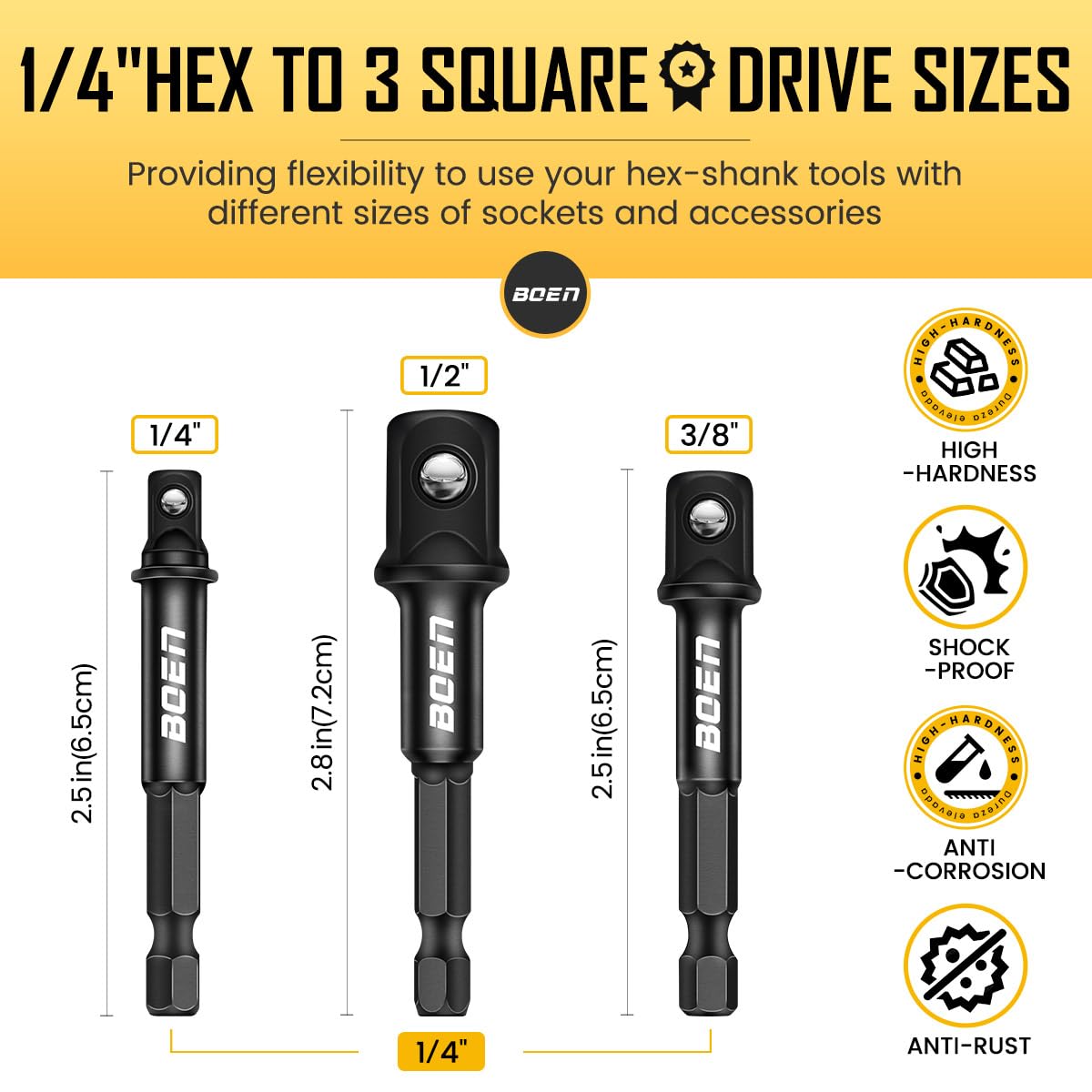 Boen three-eighths to quarter-inch adapter for compatibility with multiple tools.