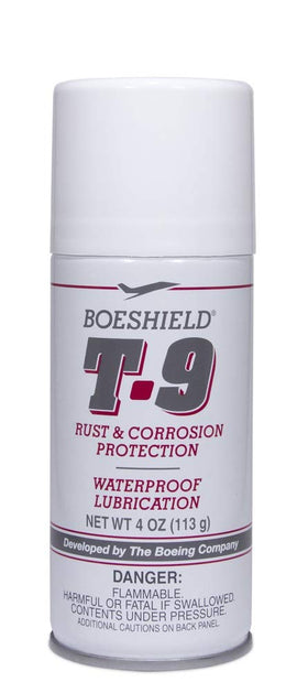 Boeshield T-9 aerosol can front view showing rust protection potential
