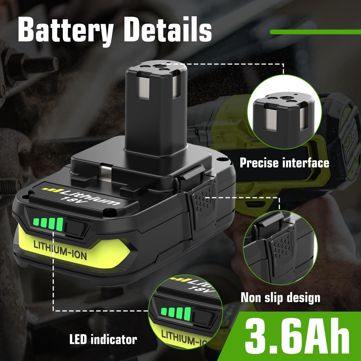 Boetpcr 18V battery shows power level at a glance