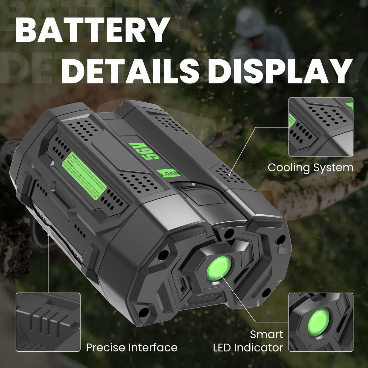 Boetpcr EGO 56V 5.0Ah LED indicator close-up capacity at a glance.