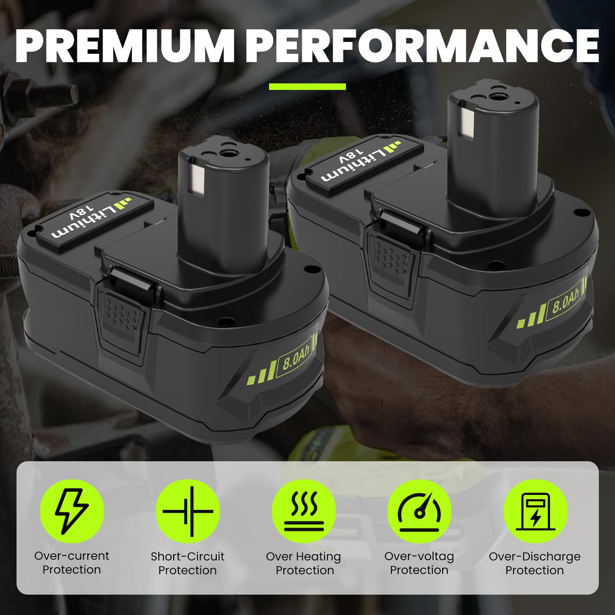 Boetpcr Ryobi 18V 8000mAh battery back view highlighting safety features