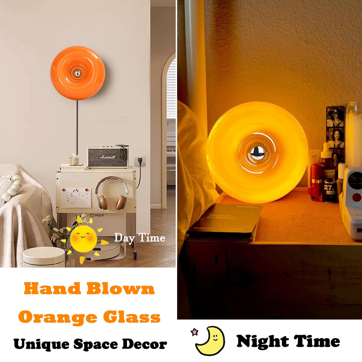Bofea wall sconce emits a soft orange glow ideal for bedrooms.