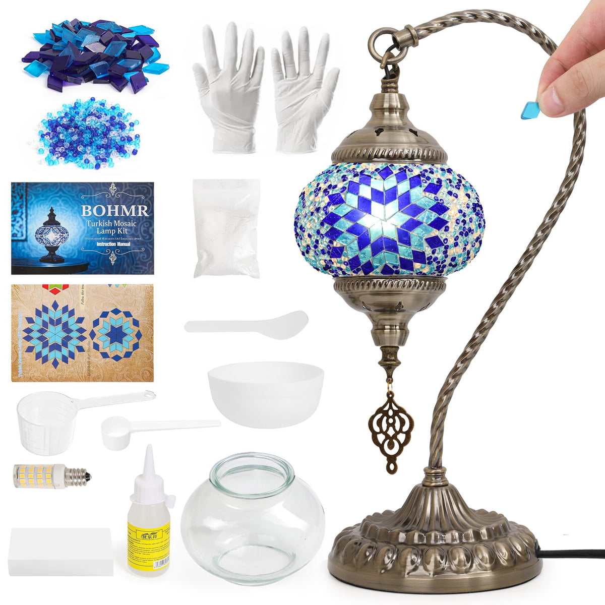 BOHMR lamp kit unboxing reveals vibrant mosaic pieces for a unique table lamp.