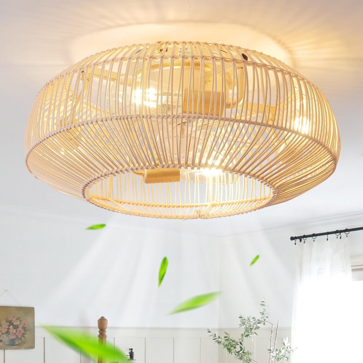 Boho Caged 20in ceiling fan with light for balanced airflow and warm illumination.