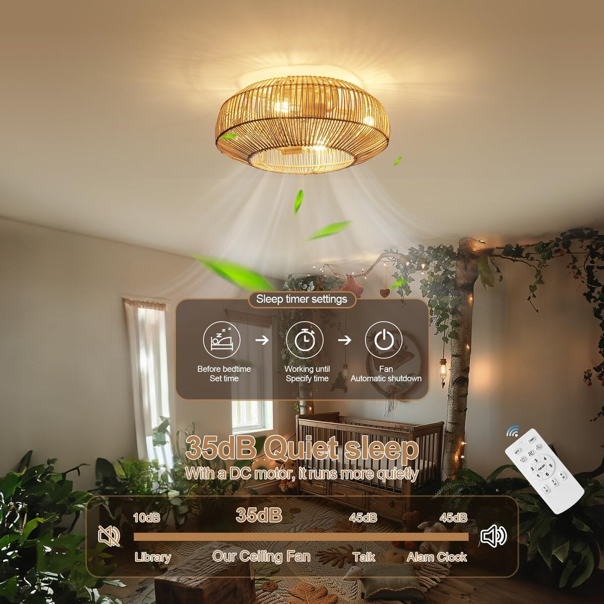 Boho Caged coastal fan with remote enables flexible cooling and lighting.