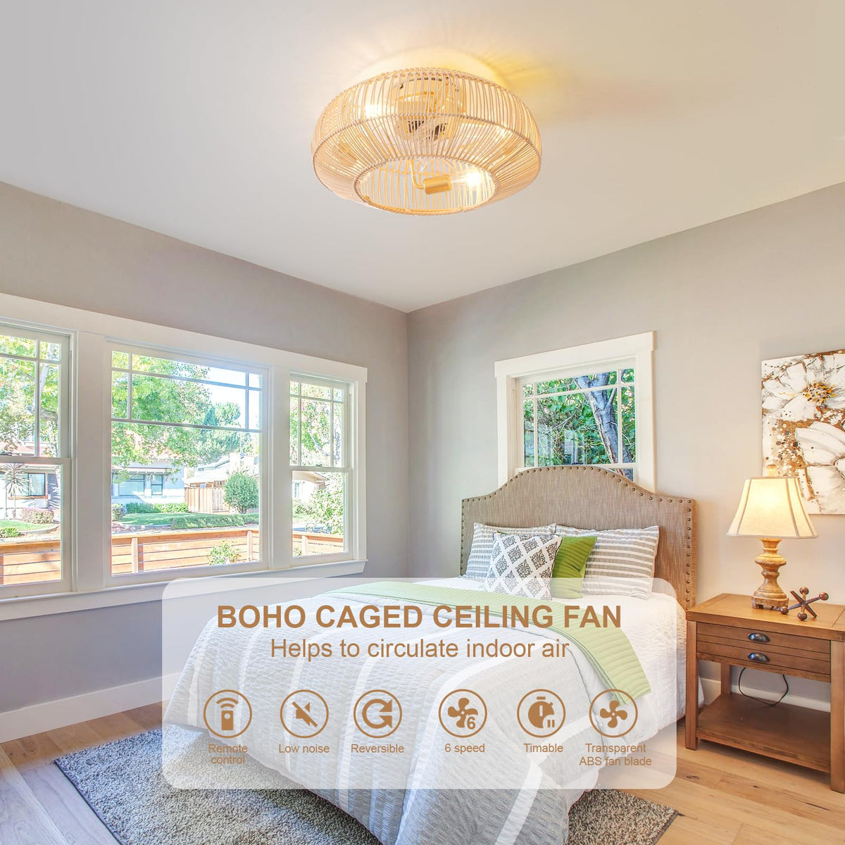 Boho Caged enclosed flush-mount fan blends into ceilings with soft glow.