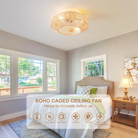 Boho Caged enclosed flush-mount fan blends into ceilings with soft glow.