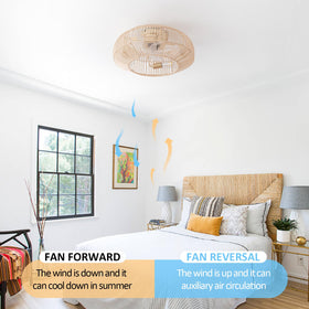 Boho Caged rattan fan with hidden blades enhances space with safe, stylish design.