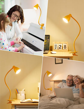 Bright yellow BOHON clip-on lamp adds cheerful lighting to a home office.