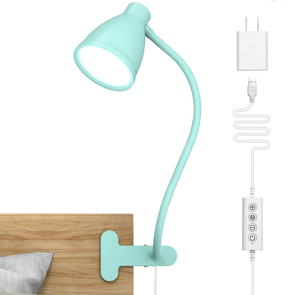BOHON desk lamp clip-teal front view shows compact clip-on design for desk or bedside use.