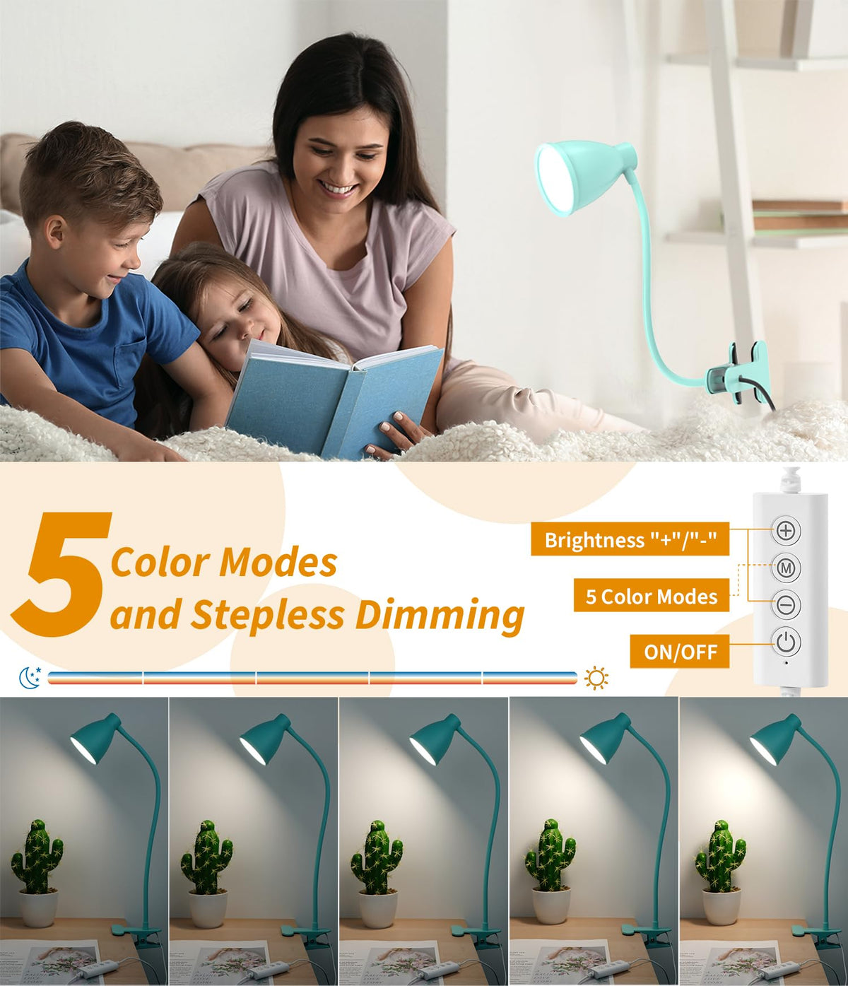 BOHON desk lamp clip-teal gooseneck angle demonstrates 360-degree light direction flexibility.