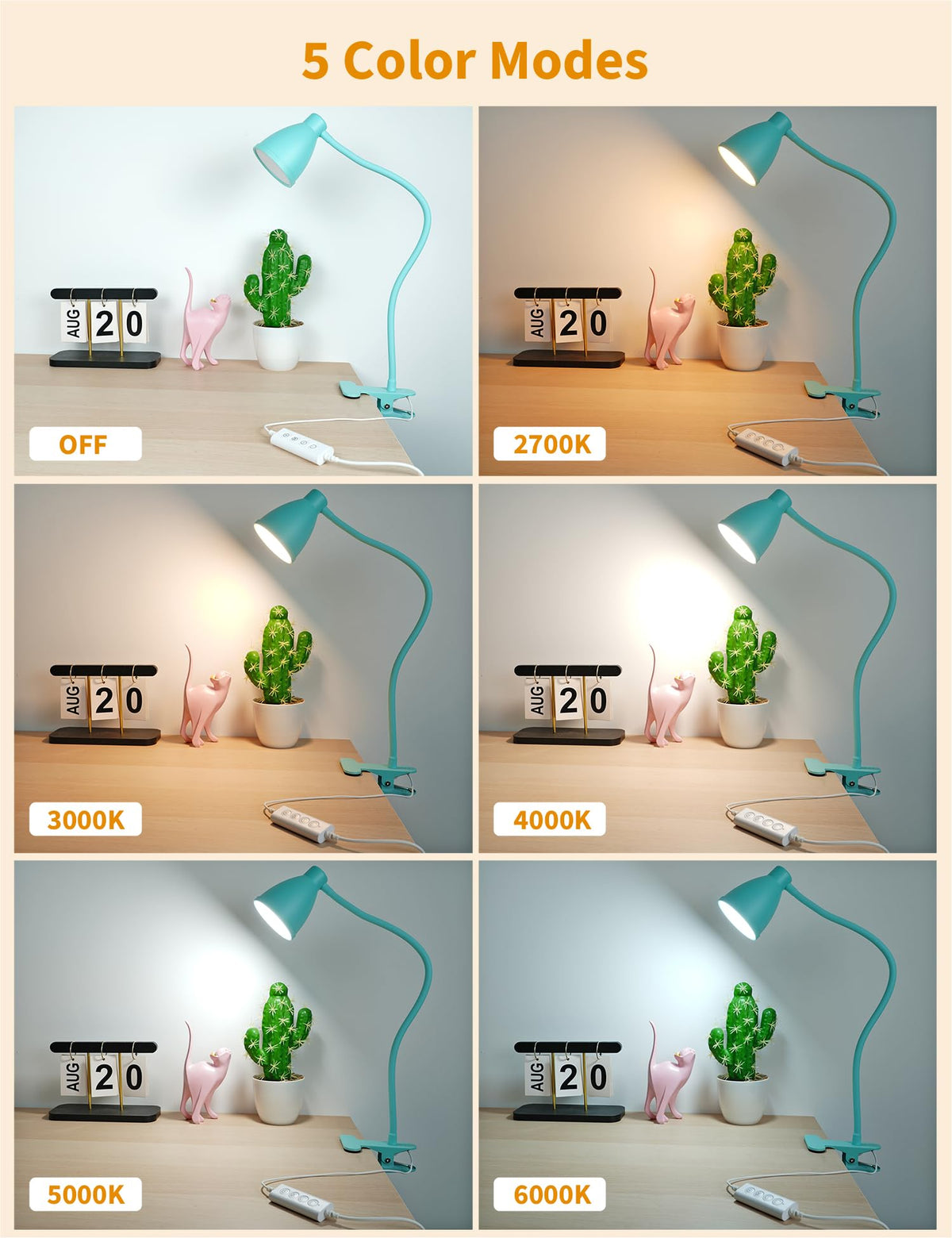 BOHON desk lamp clip-teal side view highlights adjustable clip-on positioning.