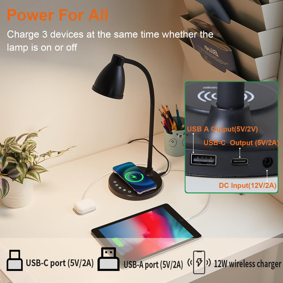 BOHON desk lamp USB-C port detail for quick charging