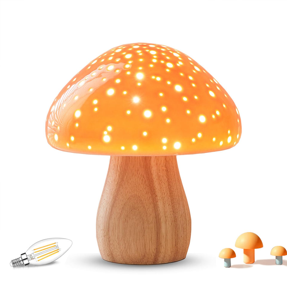 BOHON mushroom lamp close-up shows ceramic shade and warm ambient light