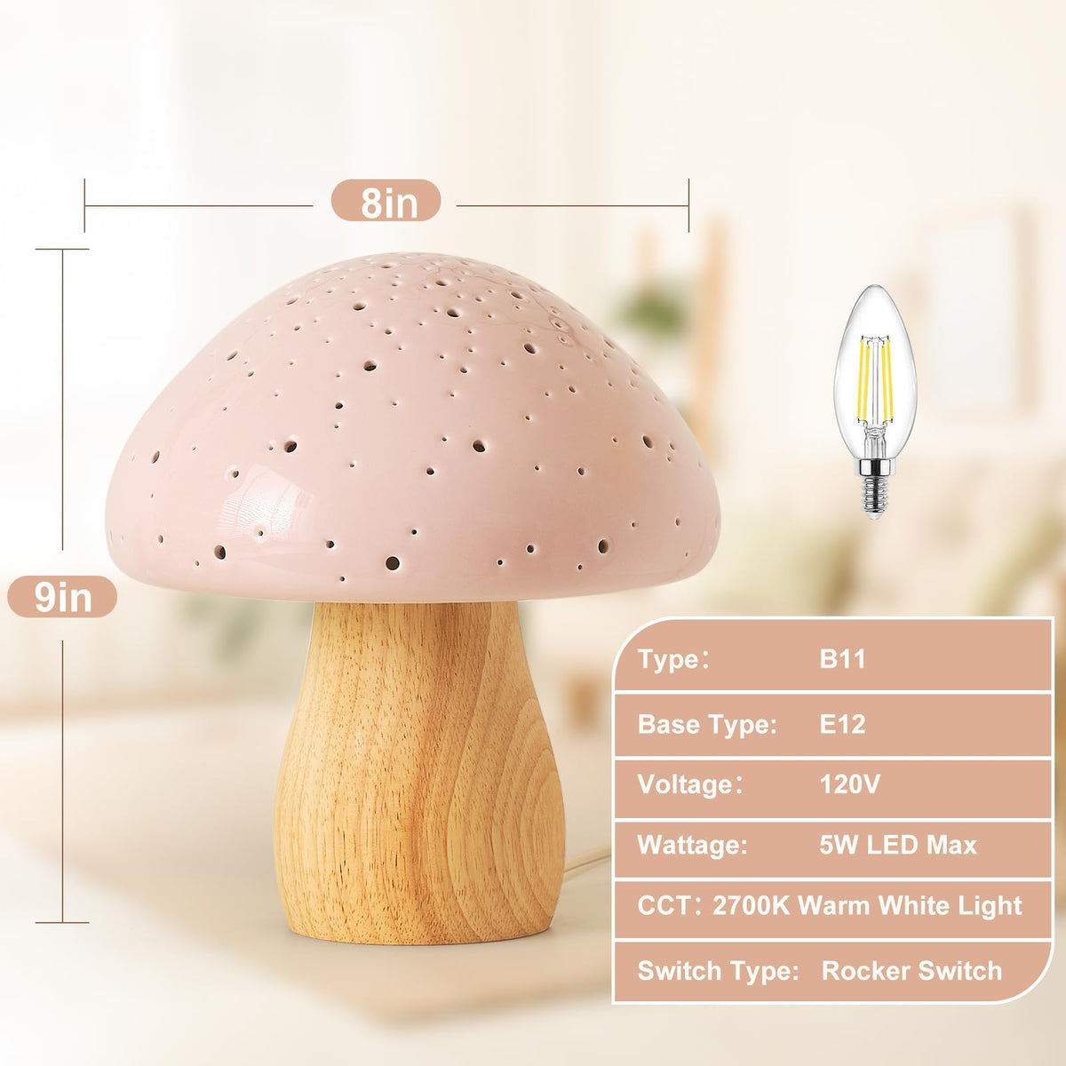 BOHON Mushroom Lamp wooden base adds natural stability and style.