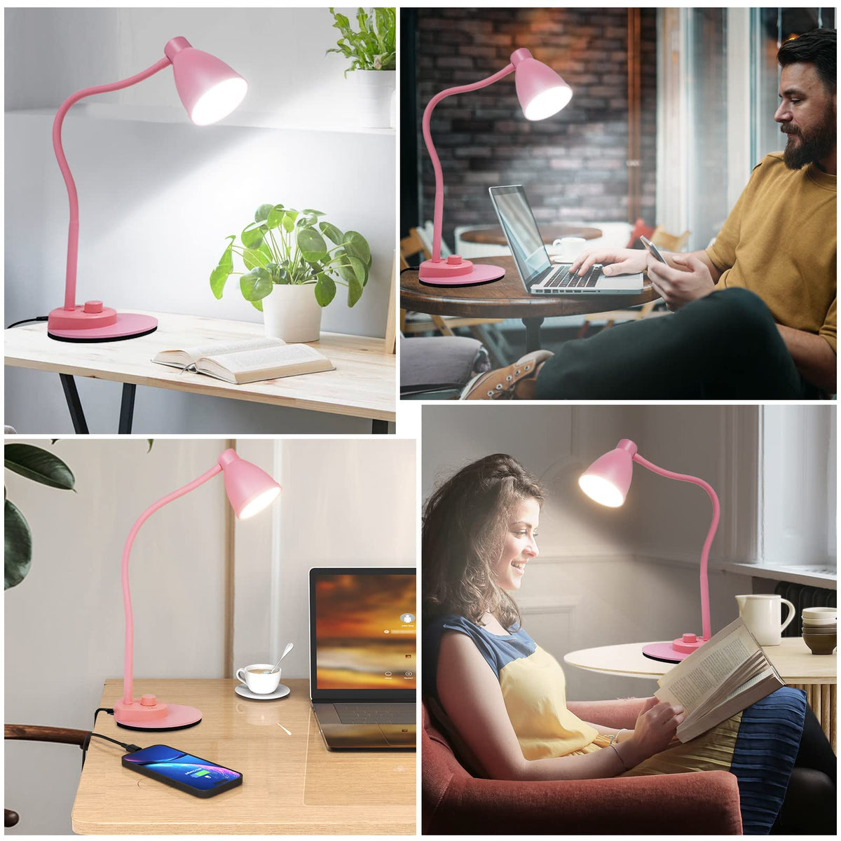 BOHON pink desk lamp shown on a desk scene for study or work