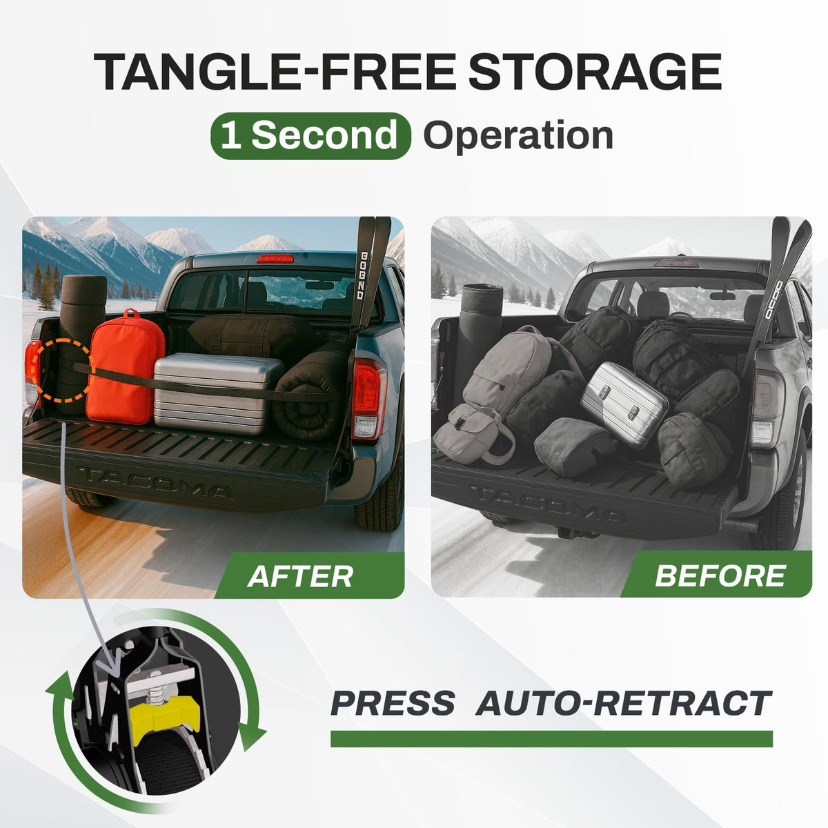 Bohua strap with swivel head on Gladiator bed rail for safe gear transport