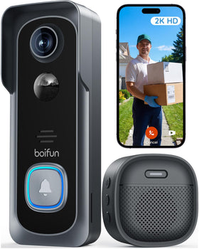 BOIFUN video doorbell wireless front porch 2K HD view for clear visitor recognition.