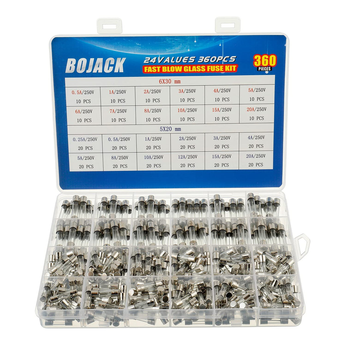BOJACK 360-piece fast-blow fuse kit in a clear case for easy storage.