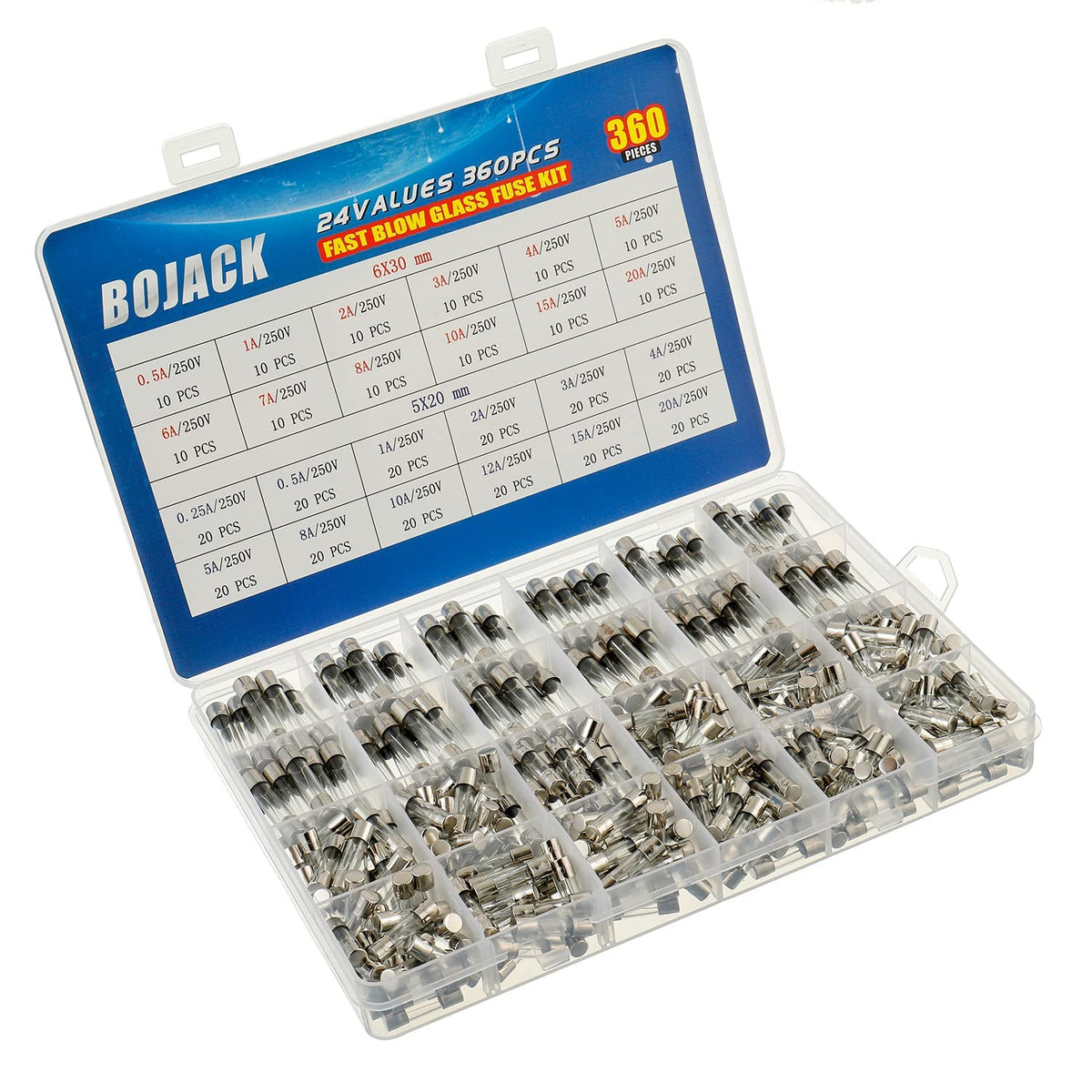 BOJACK 5x20mm fuses with multiple amperages for compact electronics.