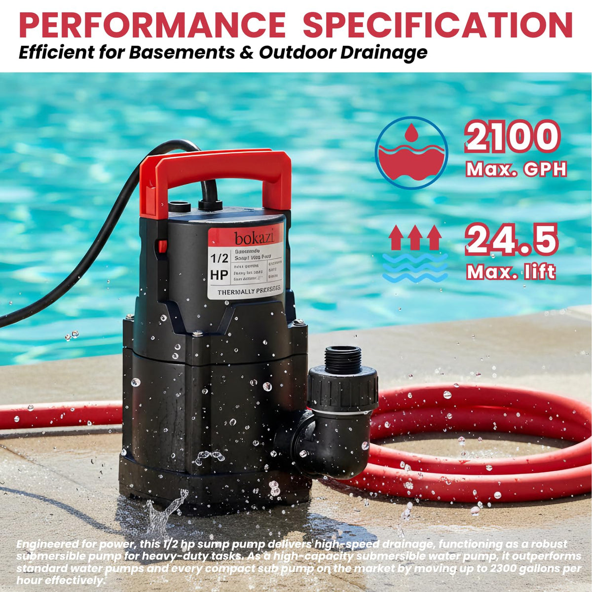 Bokazi drain pump includes a 25 ft power cord for distant outlets.