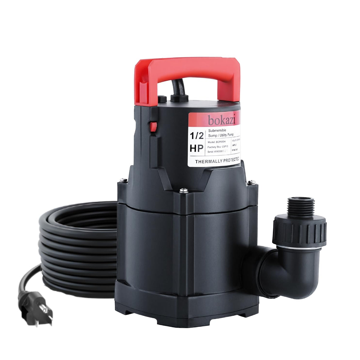 Bokazi portable submersible pump with easy carry handle.