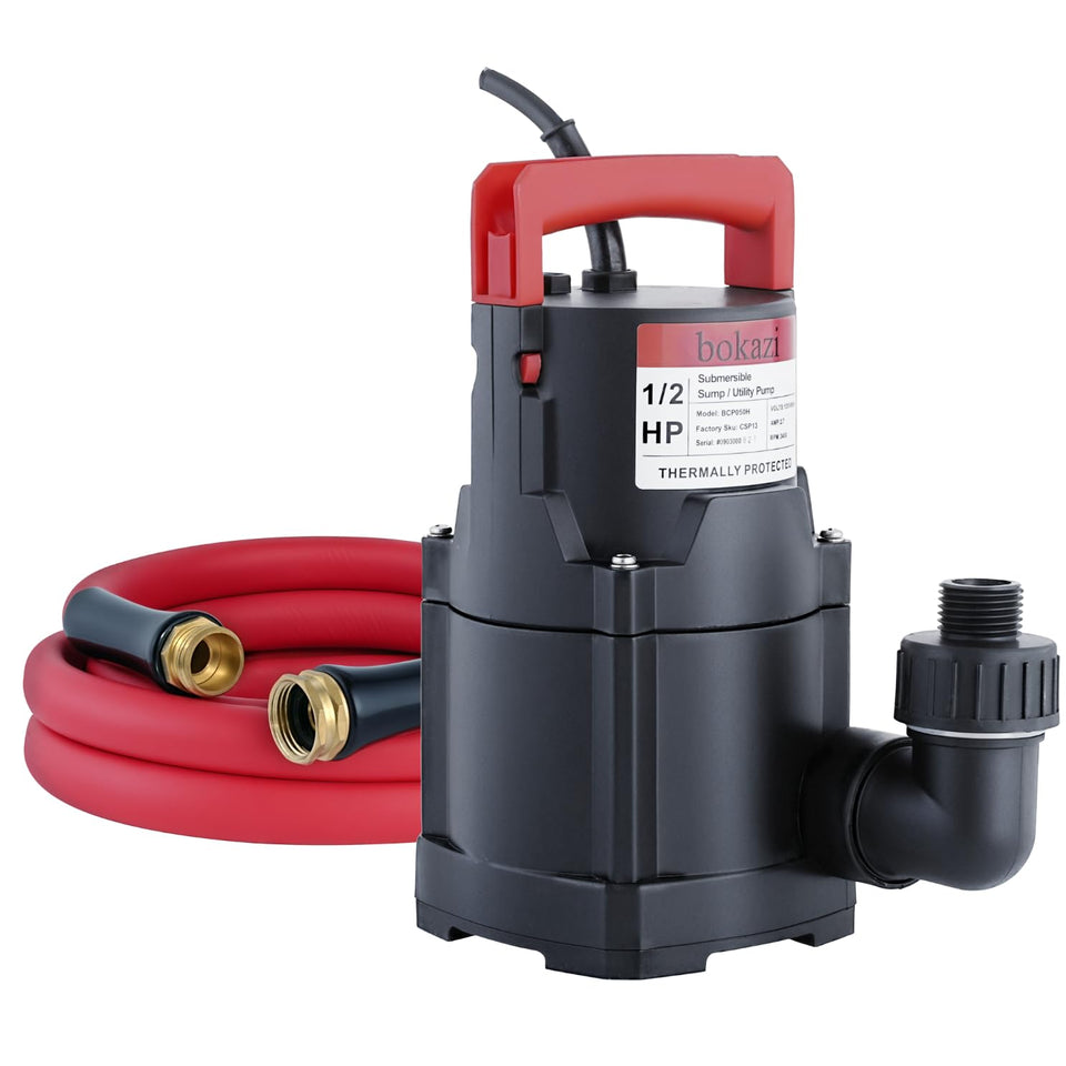 Bokazi sump pump with a 1/2 HP motor for rapid water removal.