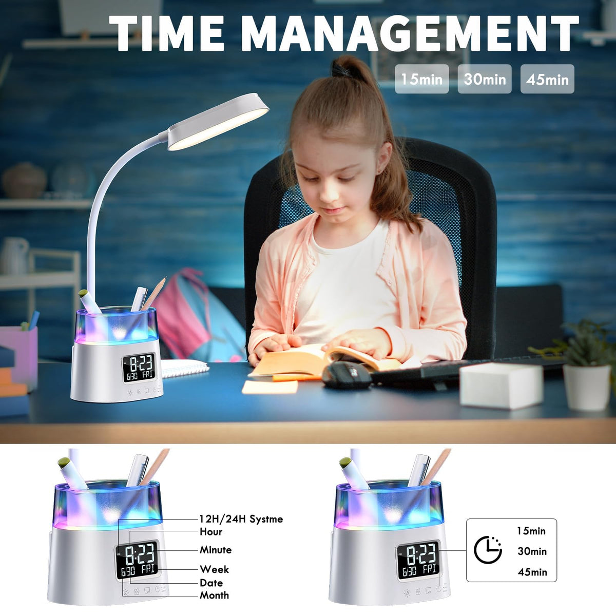 Bokefo LED desk lamp clock display with timers for time management.
