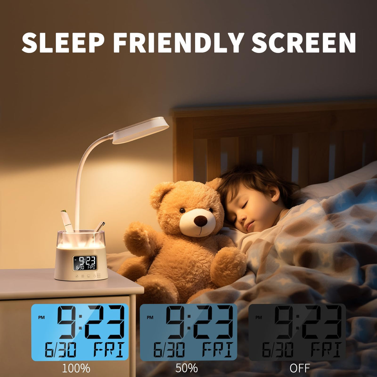 Bokefo LED desk lamp fits dorm rooms with compact footprint and neat organization.