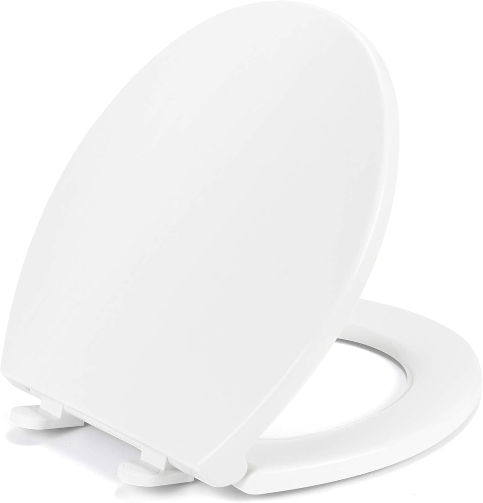 BoldSTARK round toilet seat with soft-close hinge reduces noise.