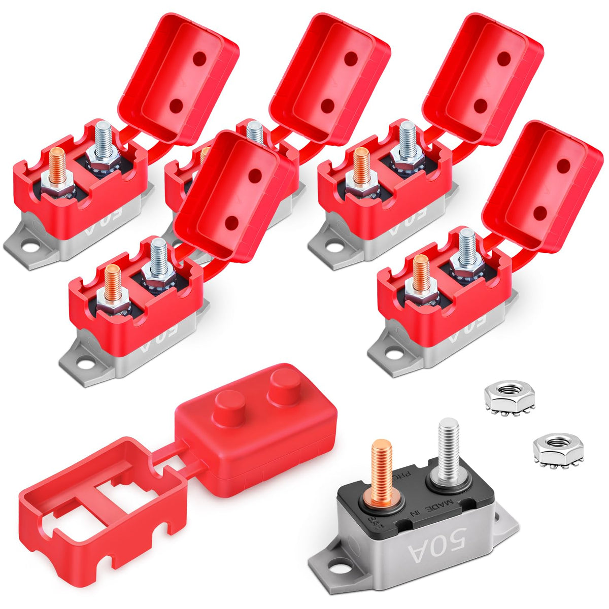 Bolipoeq 50A breaker front view shows rugged design for auto and marine use.