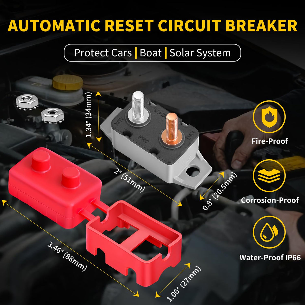 Bolipoeq 50A breaker terminal bolts close-up highlights durable copper studs and secure connections.