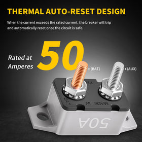 Bolipoeq 50A breaker installed wiring demonstrates simple surface-mount integration.
