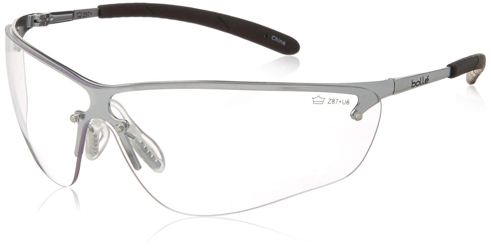 Bollé Silium safety eyewear with silver frame for wide eye coverage in industrial settings
