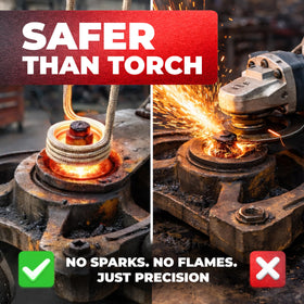 Bolt Buster induction heater in use on rusted bolt demonstrates rapid heating without flame.