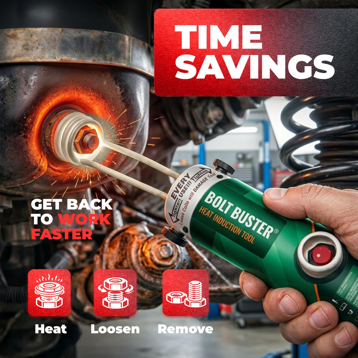 Bolt Buster in action illustrating safe, spark-free heat for near fuel lines.