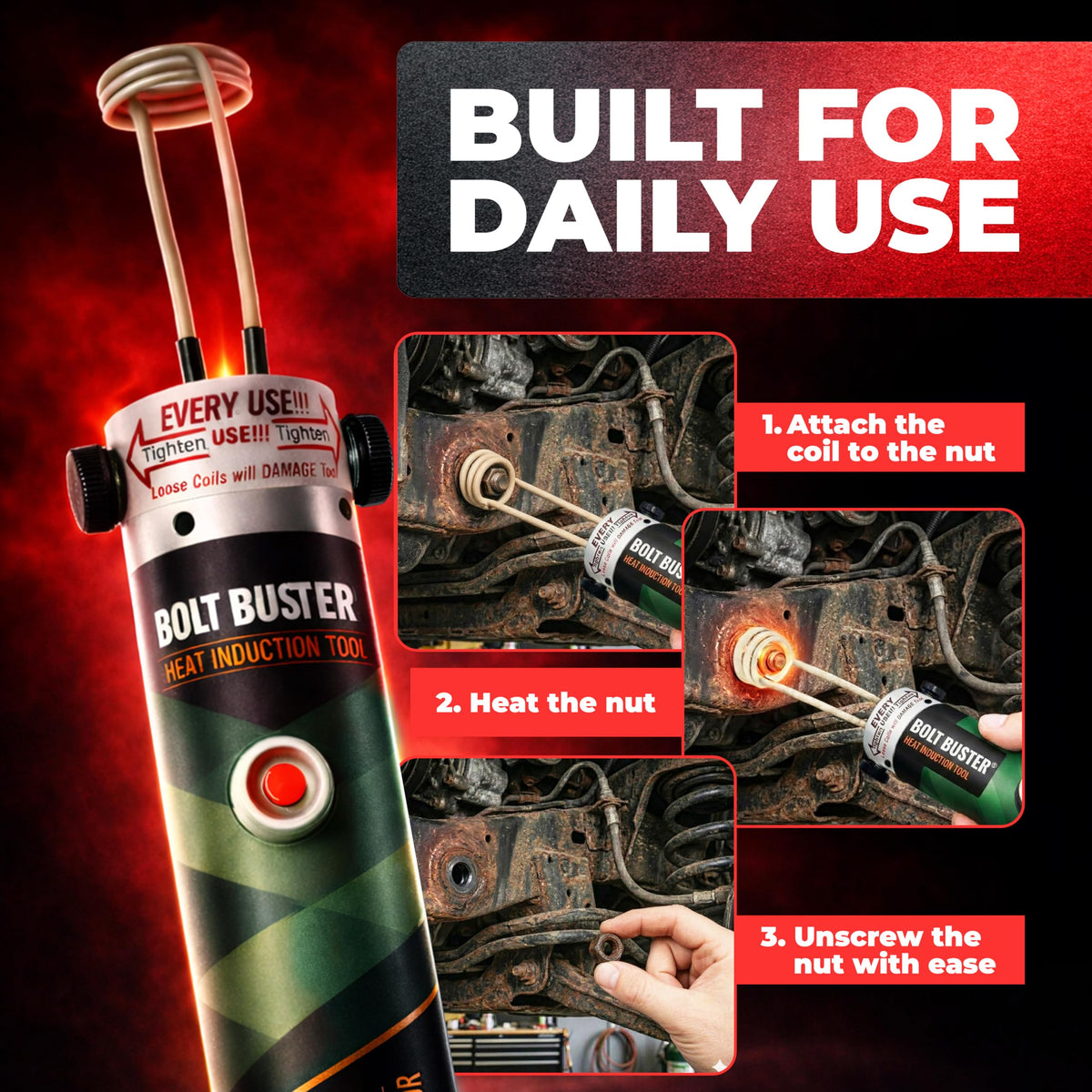 Bolt Buster handheld unit supports 3/8 to 3/4 inch fasteners for efficient work.