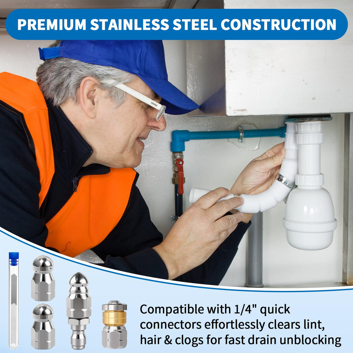Boltigen rotating flat nozzle provides sweeping action to flush obstructions.