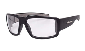 BOMBER Clear Safety Glasses with matte black frame for unobstructed vision and style.