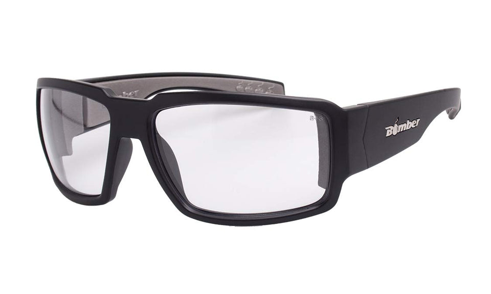 BOMBER Clear Safety Glasses with matte black frame for unobstructed vision and style.