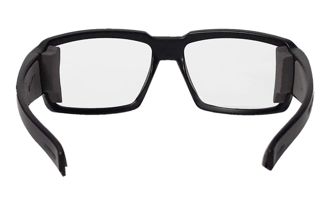 BOMBER safety glasses with gray foam padding enhance comfort during wear.