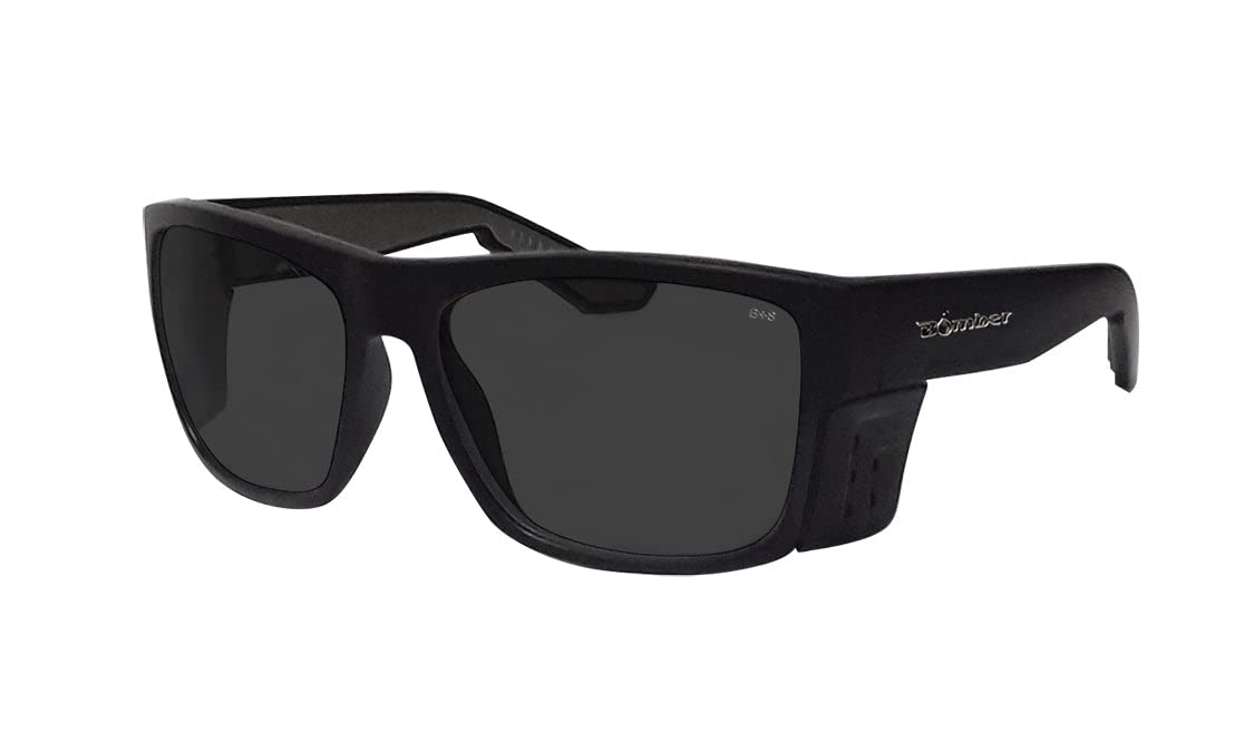 BOMBER safety glasses with smoke lens for clear vision and UV protection.