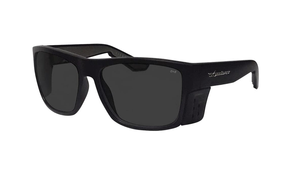 BOMBER safety glasses with smoke lens for clear vision and UV protection.