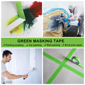 BOMEI PACK green masking tape applied to wood for clean lines.