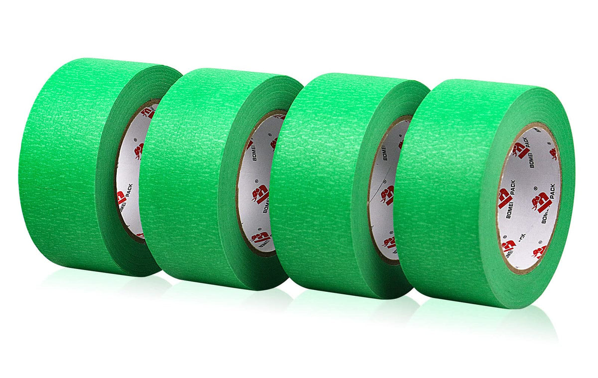 BOMEI PACK green painter's tape closeup highlights crepe backing for clean edges.