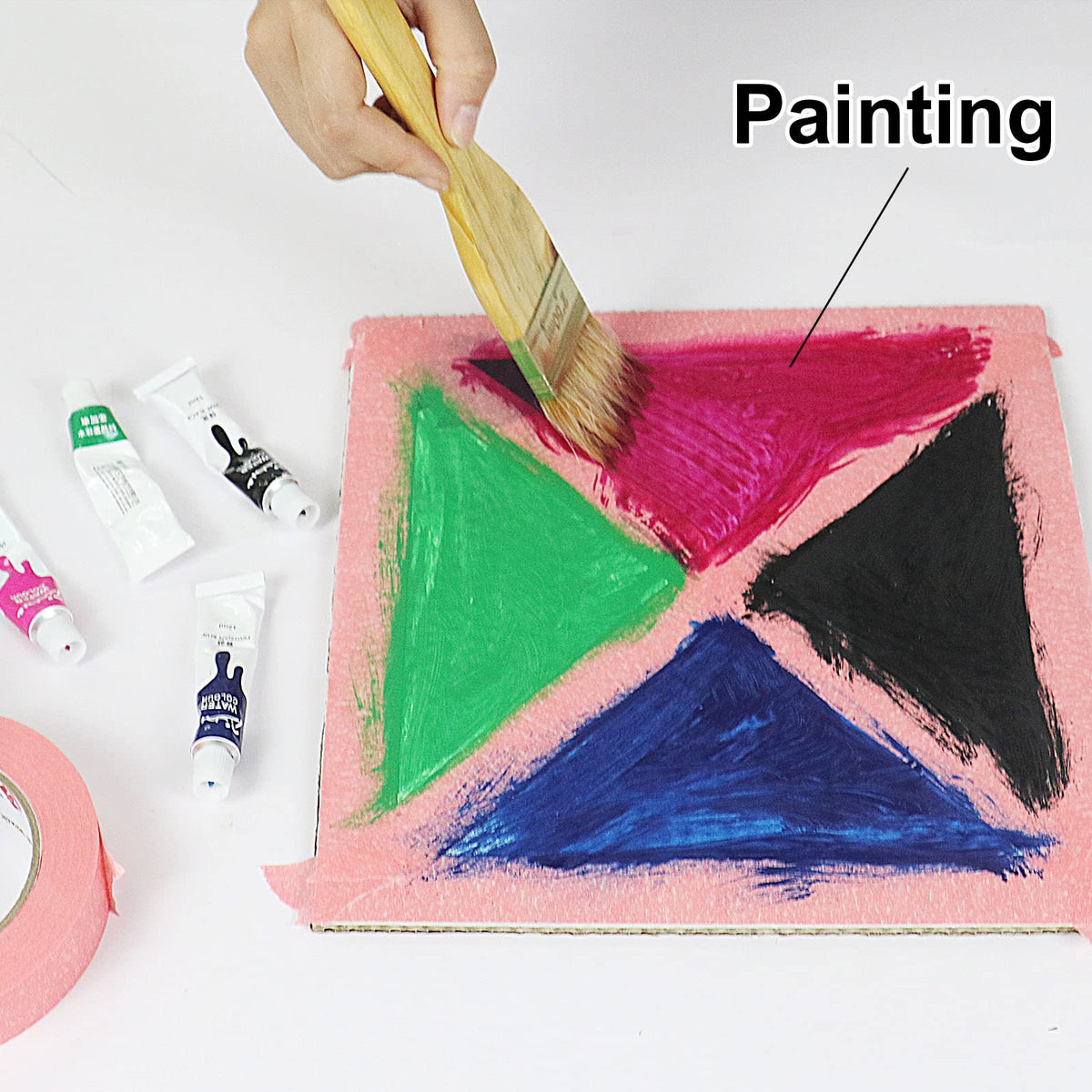 BOMEI PACK pink masking tape on drywall shows minimal bleed during edge work.