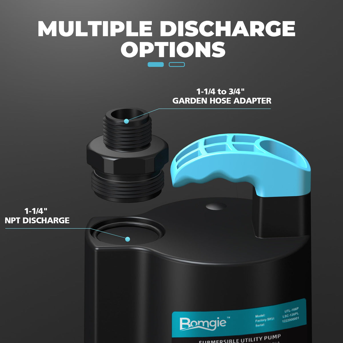 BOMGIE pump with garden hose adapter 3-4in for flexible connections.